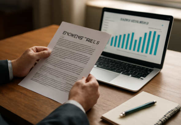 Seseorang menelaah dokumen kebijakan ekonomi dan data perdagangan di meja kerja