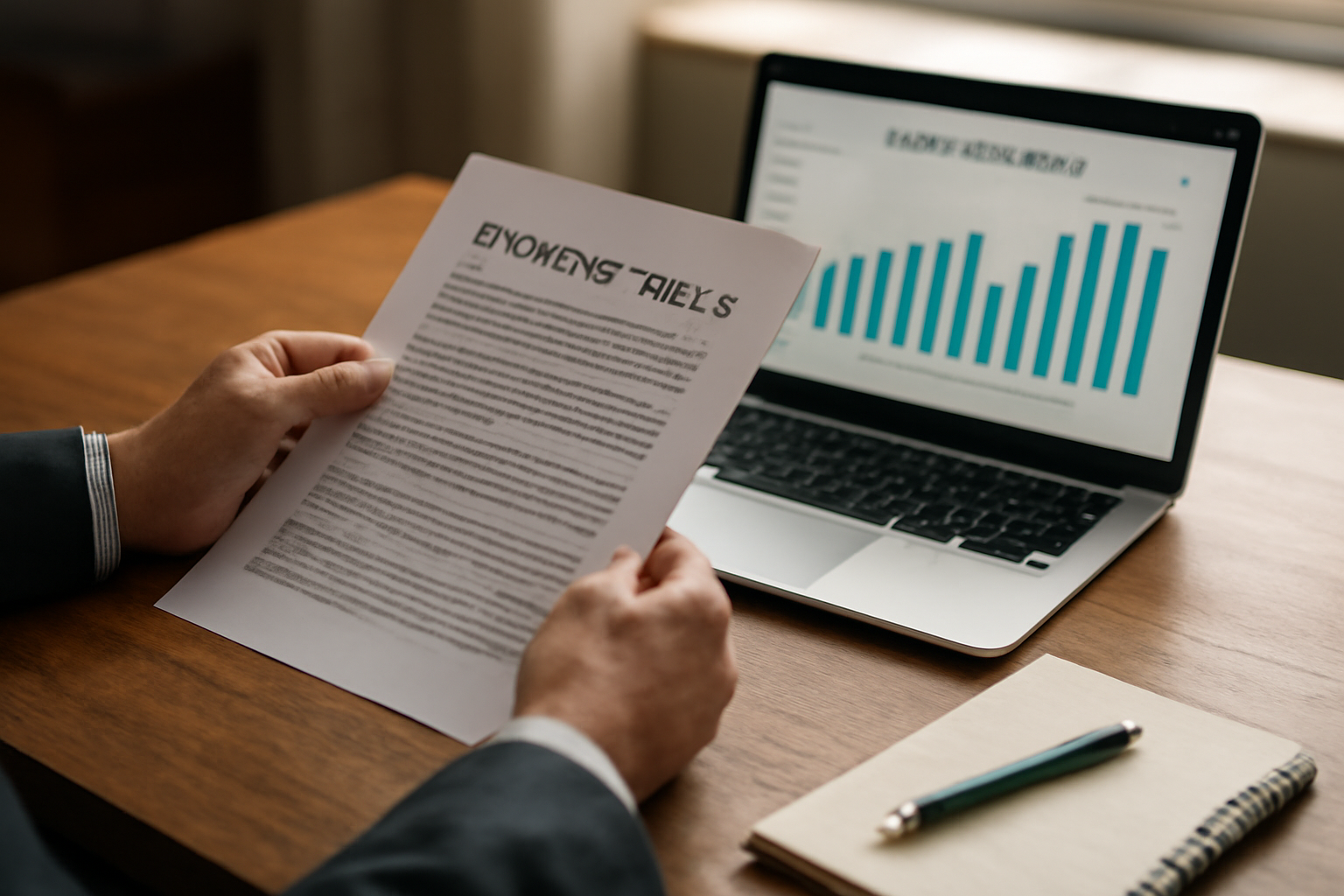 Seseorang menelaah dokumen kebijakan ekonomi dan data perdagangan di meja kerja